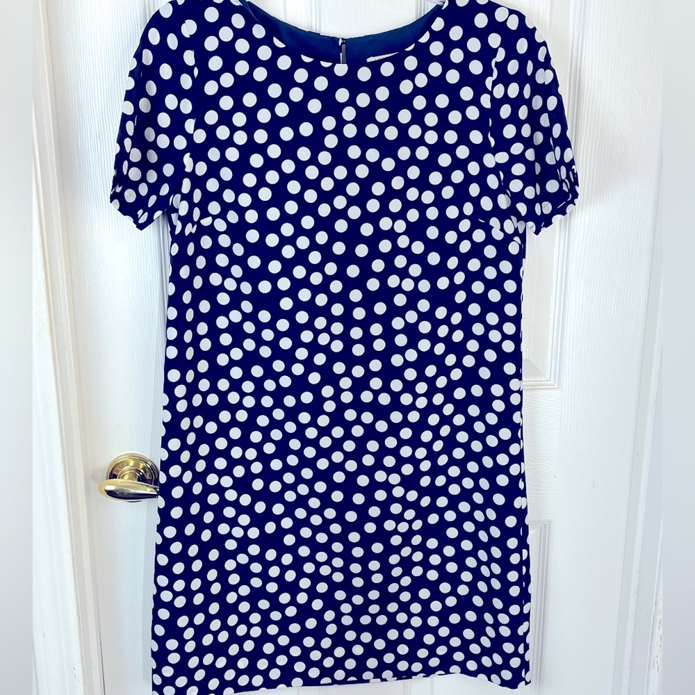 J. Crew Gallery Shift dress, navy blue with white polka dots, size 4